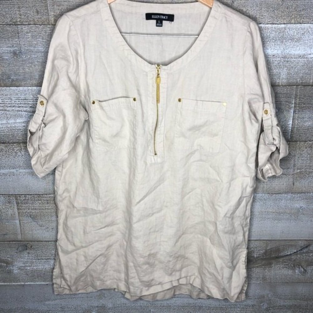 Ellen Tracy 100% linen large lightweight roll tab 3/4 sleeve top gold hardware